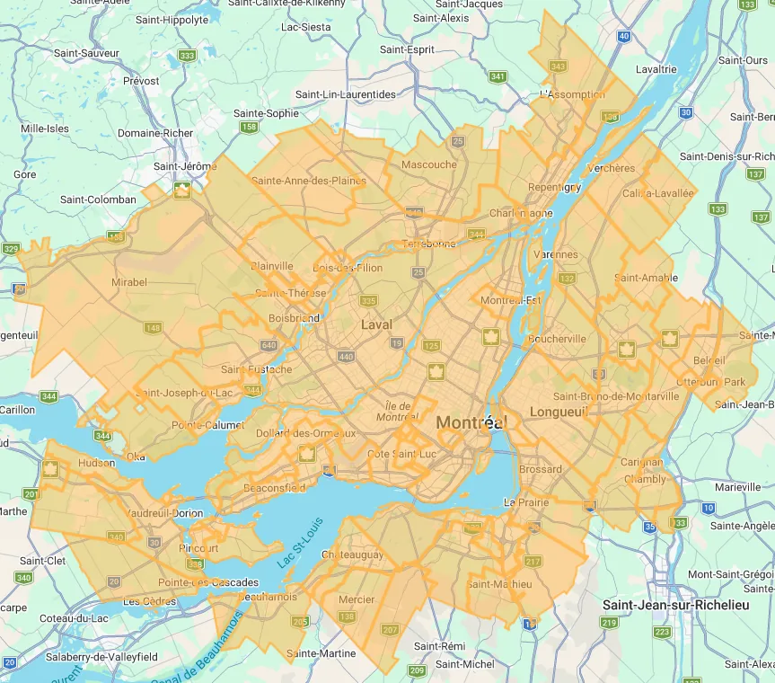 Carte du territoire desservi : Grand Montréal, Laval, Rive-Sud, Rive-Nord, jusqu’à Mirabel, Mascouche, Châteauguay et Vaudreuil-Dorion