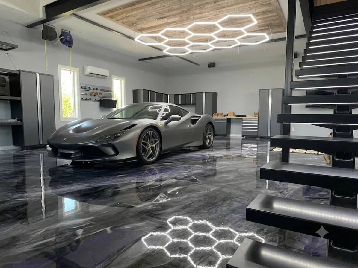 Garage au plancher d’époxy avec voiture de prestige