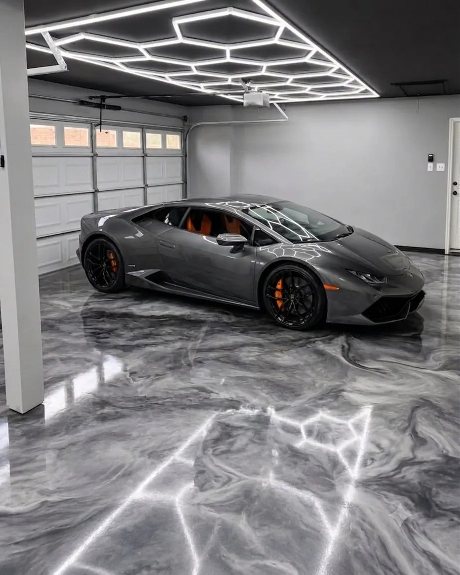 Voiture de prestige sur un plancher d’époxy lustré