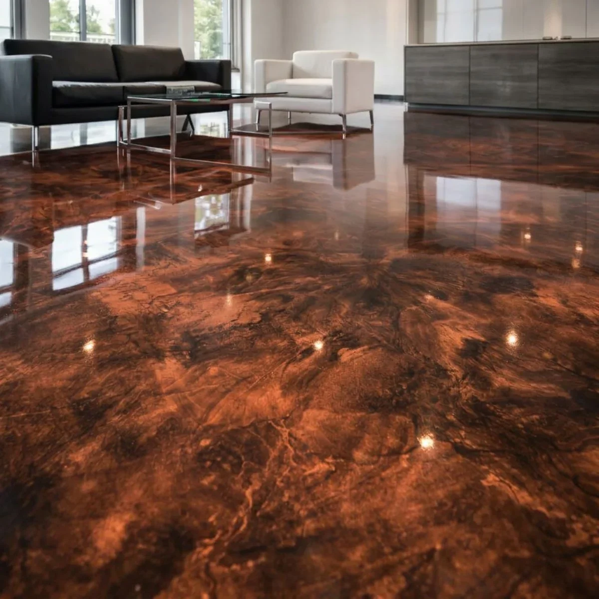 Intérieur au plancher d’époxy métallique espresso